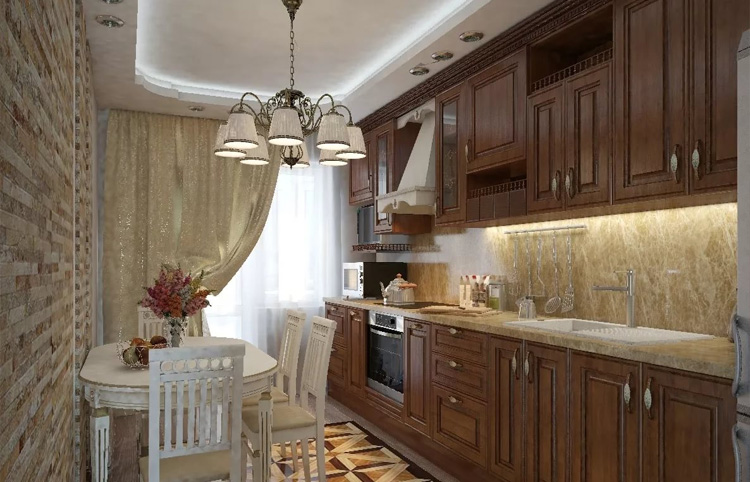кухонный гарнитур в узкой кухне в стиле классика