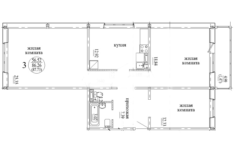 План 3 комнатной квартиры 87 кв. м Дискус