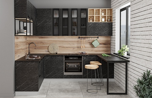 Кухня прямая хай-тек духовой шкаф в пенале встроенная матовая темная 3м стильные бюджетные пеналы