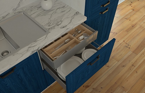 Кухня на заказ большая п-образная с барной синяя матовая встроенная тёмный низ/светлый верх 2ряда встроенная посудомойка яркая стильные под потолок плита встроенная со встроенным холодильником