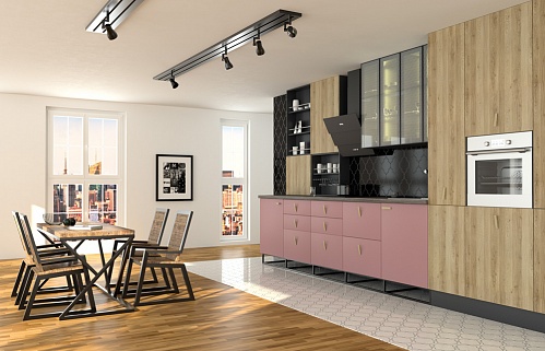 Кухня на заказ большая прямая хай-тек модерн розовая плита встроенная духовой шкаф в пенале встроенная матовая под дерево яркая стильные пеналы