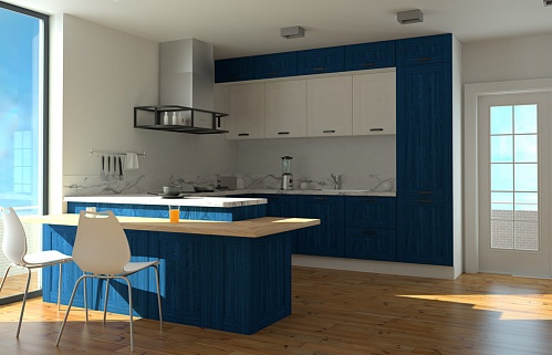 Кухня на заказ большая п-образная с барной синяя матовая встроенная тёмный низ/светлый верх 2ряда встроенная посудомойка яркая стильные под потолок плита встроенная со встроенным холодильником
