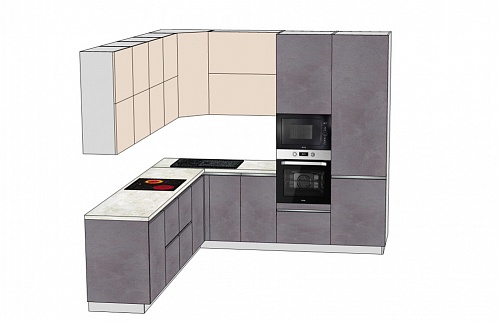 Кухня угловая модерн серая матовая серо-белая без ручек встроенная Gola стильные под бетон духовой шкаф в пенале плита встроенная телевизор на кухне