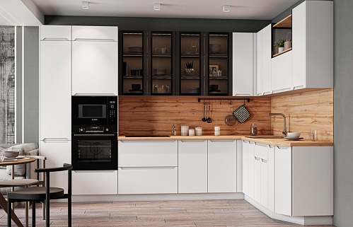 Кухня угловая хай-тек модерн серая со встроенным холодильником плита встроенная духовой шкаф в пенале встроенная матовая стильные пеналы