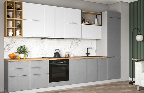 Кухня прямая лофт модерн серая встроенная матовая стильные бюджетные под бетон