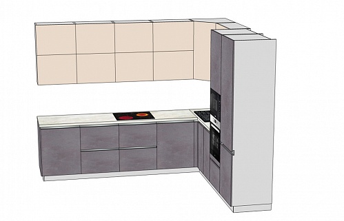 Кухня угловая модерн серая матовая серо-белая без ручек встроенная Gola стильные под бетон духовой шкаф в пенале плита встроенная телевизор на кухне