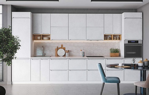 Кухня прямая модерн белая матовая бюджетные встроенная пеналы 4м стильные под бетон духовой шкаф в пенале плита встроенная со встроенным холодильником