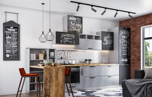 Кухня на заказ прямая лофт черная серая встроенная матовая 3м стильные под бетон