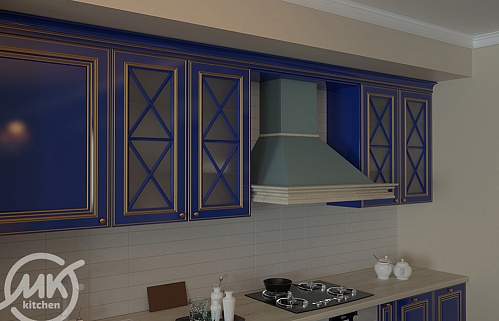 Кухня на заказ угловая остров классика синяя плита встроенная встроенная матовая патина с буфетом стильные пеналы 4м