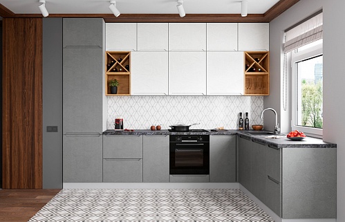 Кухня угловая хай-тек модерн серая со встроенным холодильником плита встроенная духовой шкаф в пенале встроенная матовая стильные пеналы