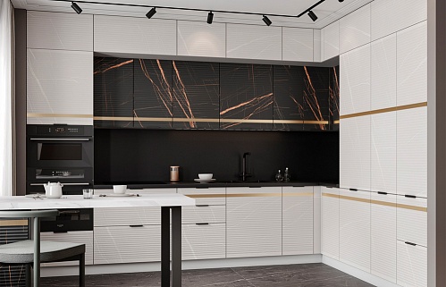 Кухня прямая белая встроенная матовая 3м стильные бюджетные под бетон чёрно-белая