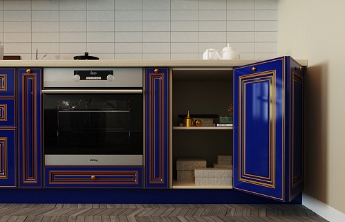 Кухня на заказ угловая остров классика синяя плита встроенная встроенная матовая патина с буфетом стильные пеналы 4м