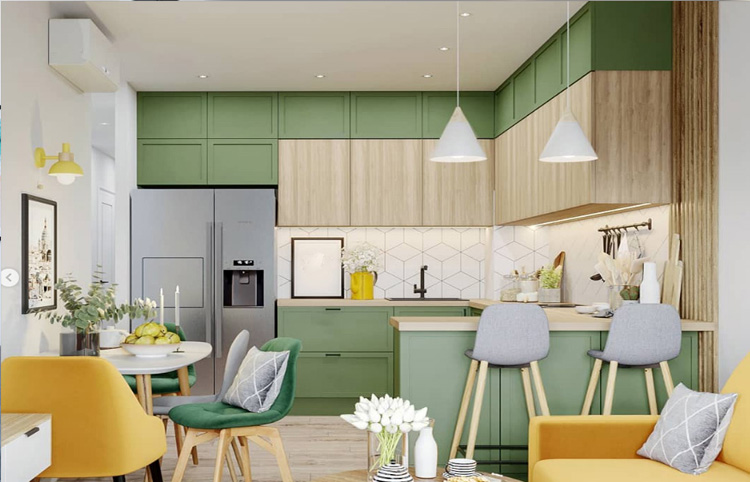 Нежно зеленая кухня гостиная