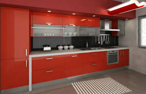 большой прямой кухонный гарнитур в красном цвете