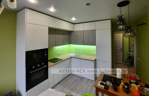 Кухня модерн со встроенным холодильником плита встроенная духовой шкаф в пенале портфолио матовая без ручек стильные пеналы