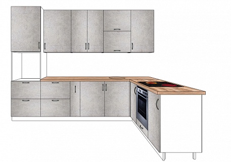 Кухня на заказ угловая лофт серая встроенная матовая без ручек стильные под потолок под бетон