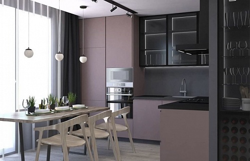 Кухня на заказ модерн фиолетовая под потолок