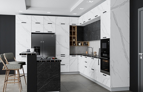 Кухня угловая модерн серая встроенная матовая тёмный низ/светлый верх стильные бюджетные