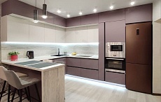 п-образная кухня на заказ модерн фиолетовая кухня-гостиная встроенная без ручек стильные с пеналом под потолок