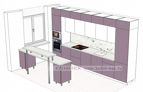 прямая кухня на заказ хай-тек модерн фиолетовая кухня-гостиная