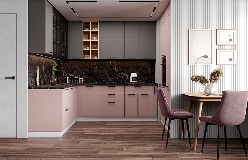 Кухня угловая модерн розовая встроенная матовая 3м стильные бюджетные