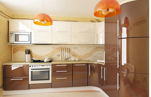 Кухня на заказ угловая модерн коричневая с радиусными фасадами стильные