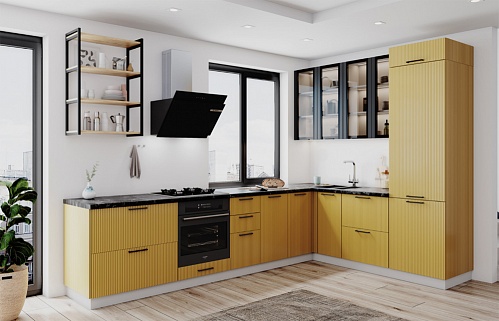 Кухня угловая модерн жёлтая встроенная матовая 3м стильные бюджетные
