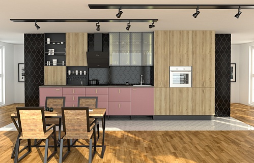 Кухня на заказ большая прямая хай-тек модерн розовая плита встроенная духовой шкаф в пенале встроенная матовая под дерево яркая стильные пеналы