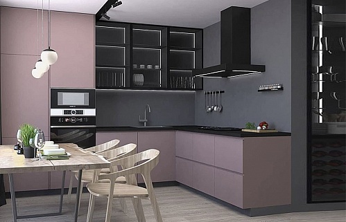 Кухня на заказ модерн фиолетовая под потолок