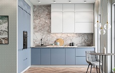 угловая кухня эконом модерн синяя белая кухня-гостиная матовая бюджетные встроенная с пеналом стильные духовой шкаф в пенале под потолок плита встроенная со встроенным холодильником