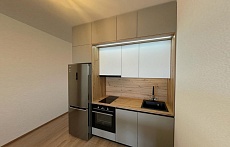 прямая кухня лофт бежевая студия встроенная без ручек стильные под потолок 2ряда