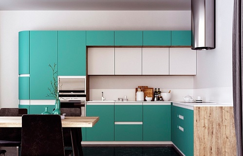 Кухня на заказ угловая хай-тек модерн зеленая матовая без ручек встроенная пеналы стильные с радиусными фасадами духовой шкаф в пенале плита встроенная со встроенным холодильником