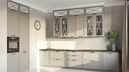 Кухня прямая классика серая плита встроенная духовой шкаф в пенале встроенная посудомойка встроенная матовая стильные пеналы