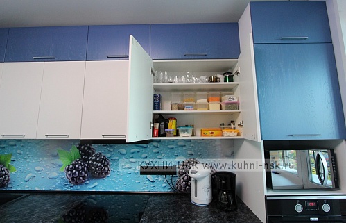 Кухня угловая модерн синяя матовая встроенная пеналы тёмный низ/светлый верх встроенная посудомойка стильные духовой шкаф в пенале под потолок плита встроенная портфолио