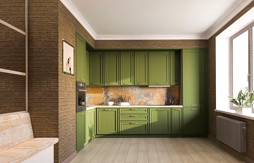 Кухня большая угловая классика зеленая плита встроенная духовой шкаф в пенале встроенная посудомойка встроенная матовая стильные пеналы