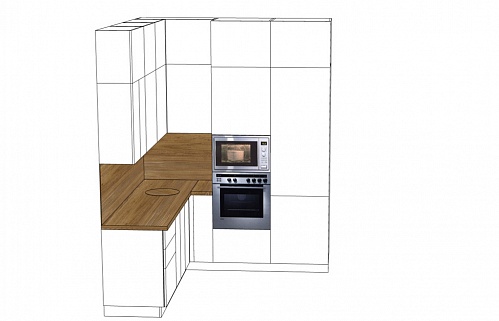 Кухня угловая белая телевизор на кухне плита встроенная встроенная без ручек стильные пеналы белая с деревом