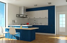п-образная кухня на заказ лофт синяя матовая встроенная тёмный низ/светлый верх под дерево встроенная посудомойка яркая стильные под потолок плита встроенная со встроенным холодильником