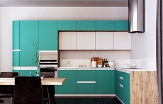угловая кухня на заказ хай-тек модерн синяя матовая без ручек встроенная с пеналом стильные с радиусными фасадами духовой шкаф в пенале плита встроенная со встроенным холодильником