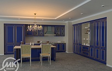 угловая кухня на заказ классика синяя матовая с буфетом встроенная с пеналом 4м патина стильные плита встроенная