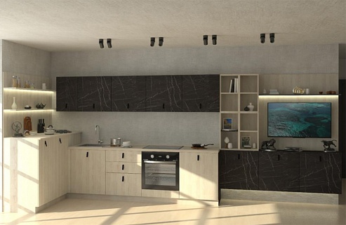 Кухня большая прямая лофт хай-тек телевизор на кухне плита встроенная встроенная матовая тёмный низ/светлый верх стильные серая с деревом